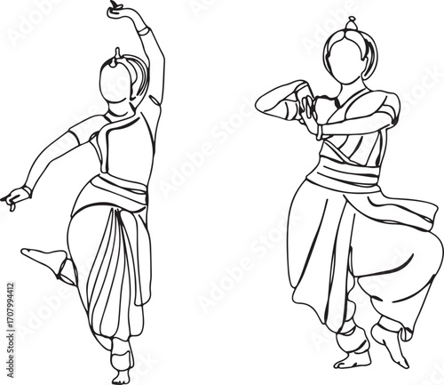 Indian Classical Dance Woman Line Art – Bharatanatyam Kathak Pose Illustration, Traditional Dance Lady Outline, Cultural Expression Female Figure, Hand Drawn Dance Contour Sketch, Elegant Dance Postur