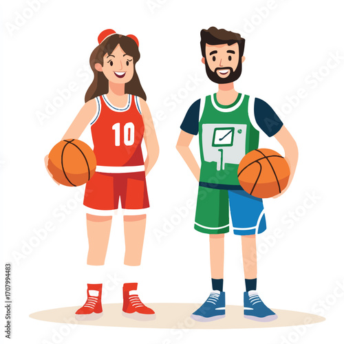 Basketball players stand ready for the game with their balls