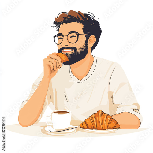 Bearded man in glasses enjoying a croissant and coffee