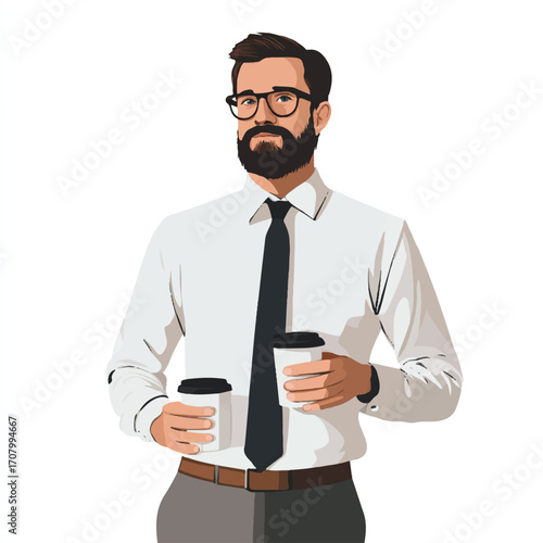 Bearded Man in Glasses Holding Two Coffee Cup