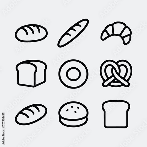 Bakery pastry collection icon set bread croissant bagel pretzel Silhouette vector illustration