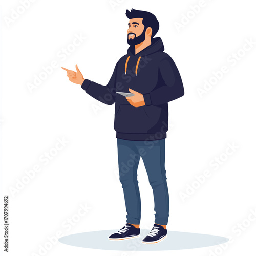 Bearded man in hoodie pointing and holding tablet