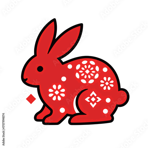 A simple cartoon illustration of a red paper-cut rabbit with decorative patterns, ideal for Chinese culture, Zodiac, and New Year themes.