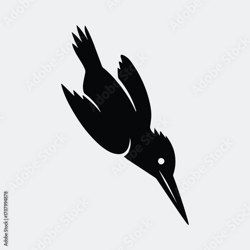 Diving kingfisher bird with sharp beak and claws silhouette vector illustration