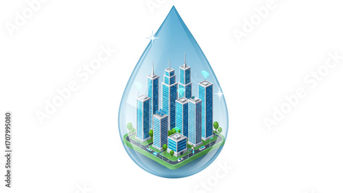 Water droplet containing miniature cityscape with skyscrapers and greenery, symbolizing sustainability and urban water conservation