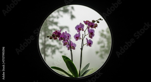 Vibrant Purple Orchids Framed in a Circular Window Against a Muted, Foggy Landscape