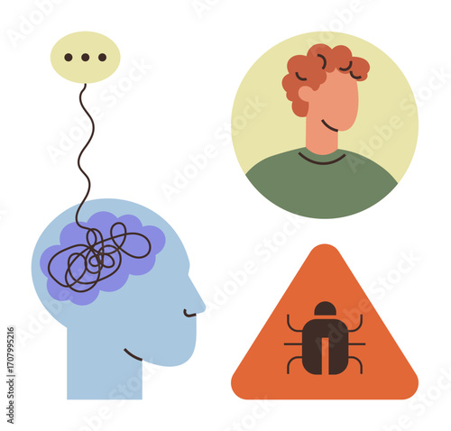Human head with tangled thoughts, profile of an individual, and warning sign with bug. Ideal for psychology, problem-solving, mental health, risk analysis, technology, self-awareness education