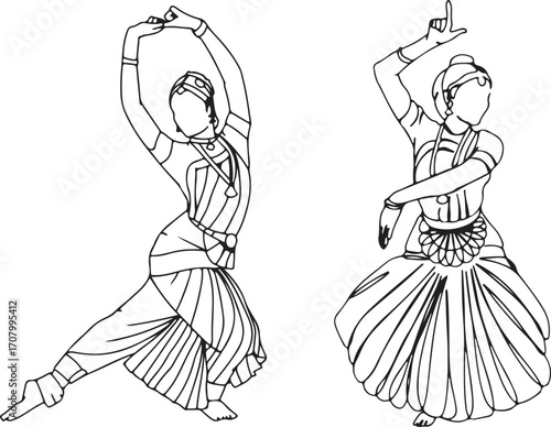 Indian Classical Dance Woman Line Art – Bharatanatyam Kathak Pose Illustration, Traditional Dance Lady Outline, Cultural Expression Female Figure, Hand Drawn Dance Contour Sketch, Elegant Dance Postur