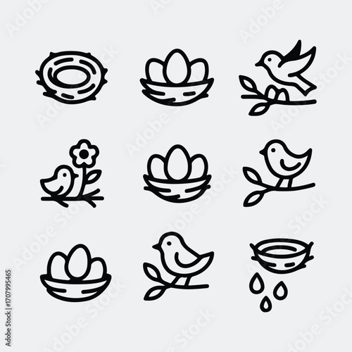 Simple line art bird nest and eggs icons collection Silhouette vector illustration