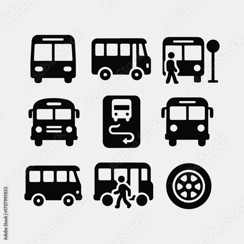 Variety of bus related icons transportation theme silhouette vector illustration