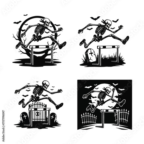 Four black and white illustrations of skeletons jumping over hurdles, with a Halloween theme.