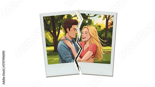 Split Polaroid photo of smiling couple, cracked image symbolizing broken relationship or memory loss,