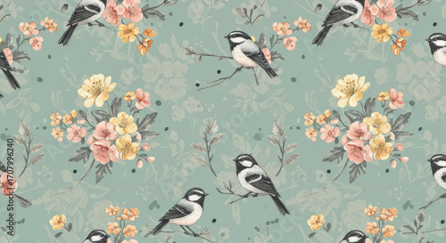Delicate Bird and Floral Pattern on Teal Background with Watercolor Style for Textile Design and Wallpaper Featuring Songbirds Perched Among Blooming Branches