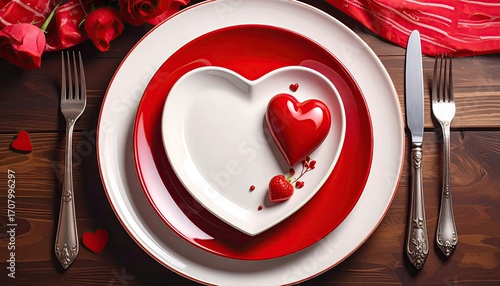 Romantic Valentine Table Setting with Heart Shaped Plates and Red Roses on Rustic Wood Top Overhead View