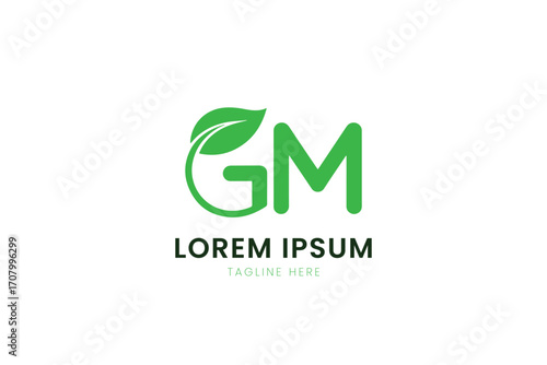 Minimalist green gm logo design with leaf element and placeholder text