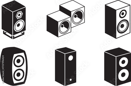 Isometric Speaker Collection on Transparent Background Featuring Audio, Sound, and Geometric Design