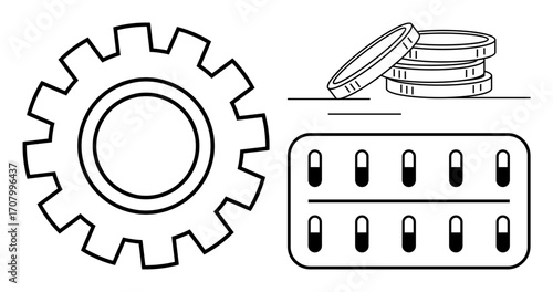 Gear symbolizes production, coins represent finance, and pills highlight medicine. Ideal for industry, innovation, economy, healthcare, technology pharmaceutical business. Simple flat metaphor