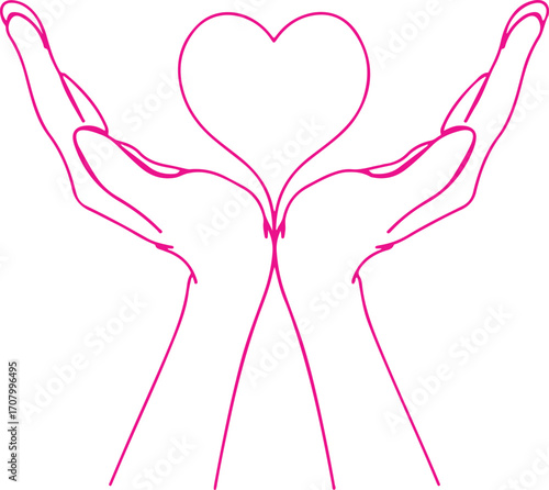 Hands heart line art, love hands outline, heart in hands sketch, minimalist love drawing, romantic line art, caring hands contour, abstract love design, hands holding heart, compassion line sketch, hu