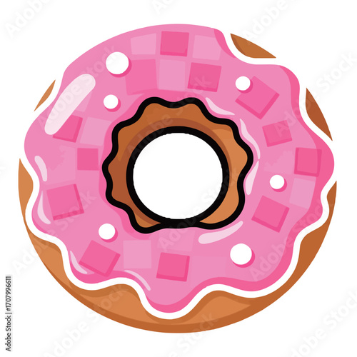 A close-up cartoon illustration of a pink frosted donut with sprinkles and a hole in the center.