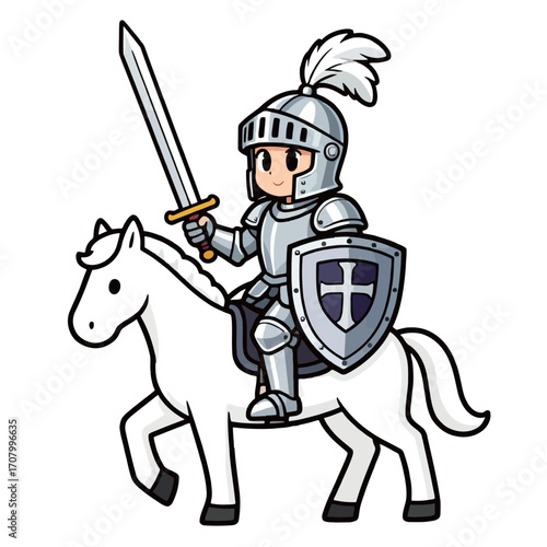 Cute cartoon illustration of a knight in shining armor riding a white horse, medieval fantasy character.