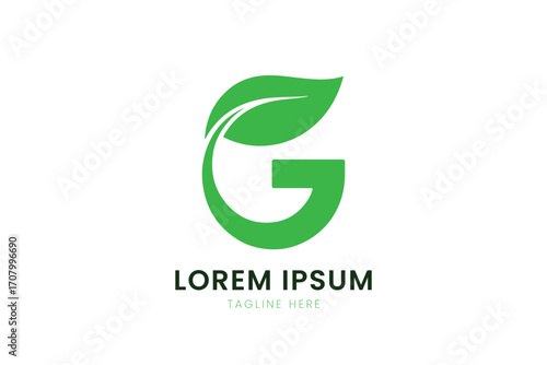 Minimalist green leaf logo g shape with lorem ipsum placeholder text