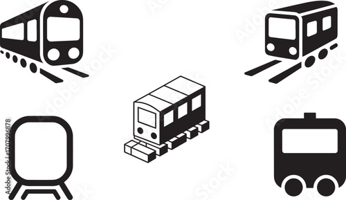 Modern Train Icons Set Subway Metro Rail Transport Silhouette Isolated on Transparent Background