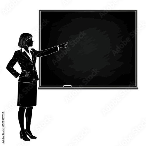 Woman in suit pointing at chalkboard silhouette isolated on white background