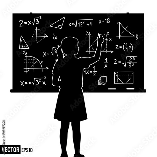 Girl writing math equations on blackboard silhouette isolated on white background