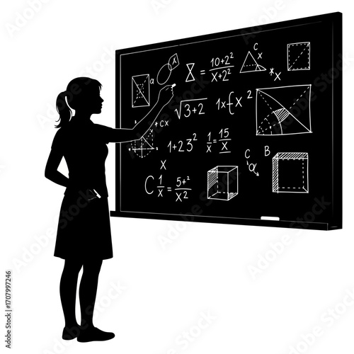 Teacher writing mathematical formulas on blackboard silhouette isolated on white background