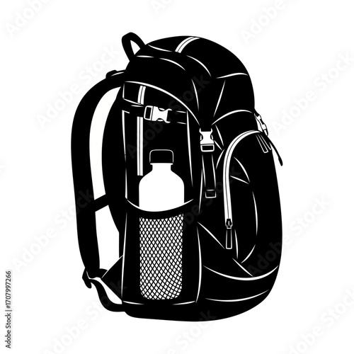 Black backpack with water bottle silhouette isolated on white background