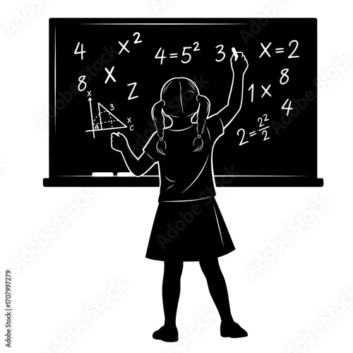 Girl writing math equations on blackboard silhouette isolated on white background