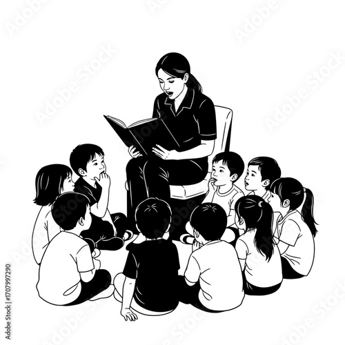 Teacher reading to children silhouette isolated on white background