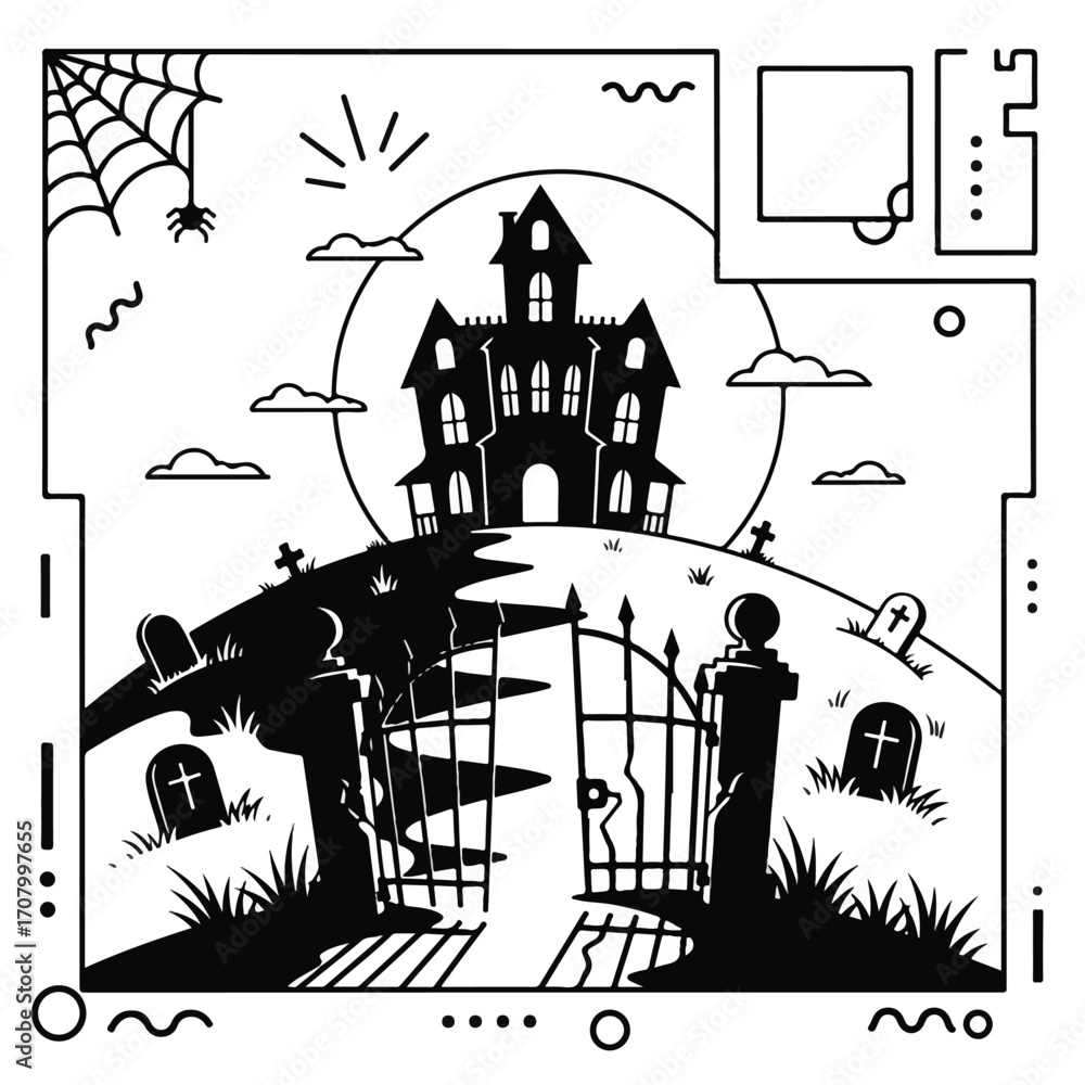 Fototapeta premium Halloween haunted house illustration with graveyard and gate.