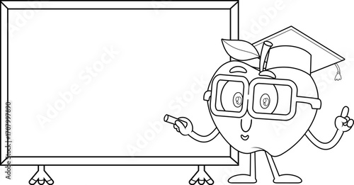 Cute Apple Teacher Cartoon Character Pointing At Blank Blackboard For Custom Text – Black and White Vector Hand Drawn Illustration Isolated On Transparent Background