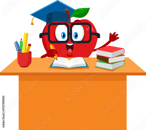 Cute Red Apple Cartoon Character Student Writing At School Desk With Books And Stationery - Vector Illustration Flat Design Isolated On Transparent Background