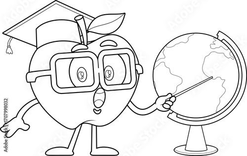 Apple Teacher Cartoon Character Pointing At Globe – Black and White Vector Hand Drawn Illustration Isolated On Transparent Background