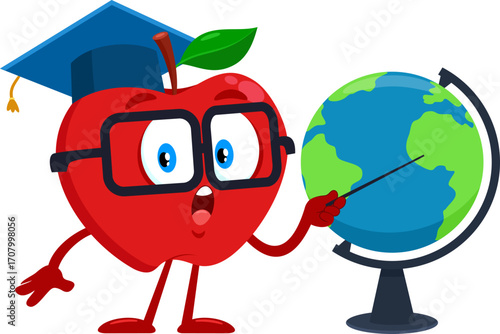 Funny Red Apple Teacher Cartoon Character Pointing At Globe - Vector Illustration Flat Design Isolated On Transparent Background