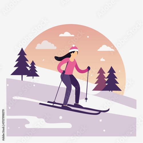 A Woman Skiing Down a Snowy Hill with Pine Trees and a Sunset Sky in the Background