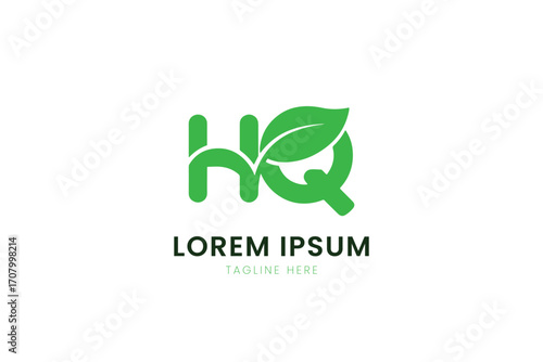 Minimalist green hq logo with leaf element and placeholder text for branding