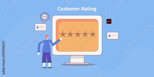 Customer provides star rating on computer screen, followed by feedback message and other reviews, building brand trust.