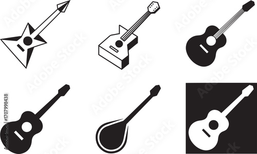 Stringed Instrument Icons Set Black Silhouette on Transparent Background Musical Acoustic Electric