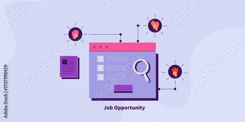 Online job portal showcases vacancy listing under magnifier, candidate CV and selecting suitable applicant based on data.