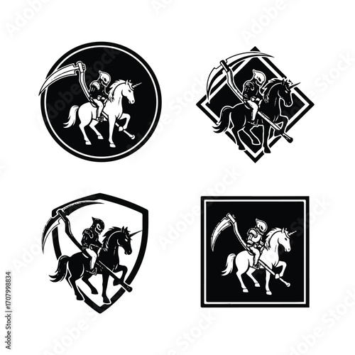 Four variations of grim reaper riding a unicorn logo designs.