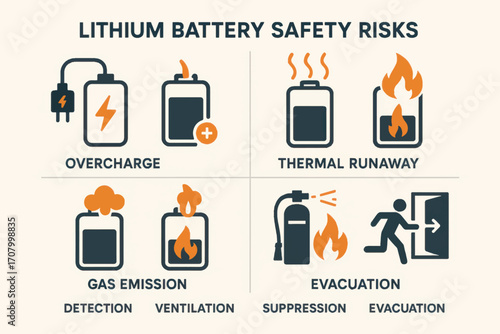 Vector infographic showing lithium battery safety risks including overcharge, fire, gas emission, and ventilation, clean scalable icons.