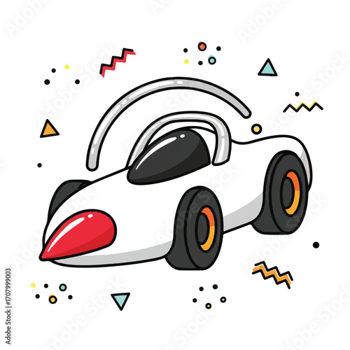 A playful cartoon illustration of a white retro-style race car with colorful abstract geometric shapes.