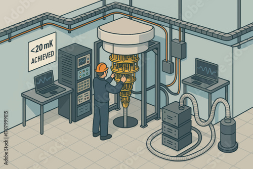 Vector artwork of quantum laboratory with dilution refrigerator, wiring systems, equipment racks and technician adjusting components.