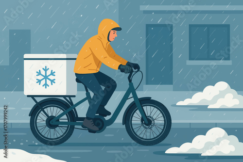 Vector scene of electric cargo bike courier delivering packages during winter snow conditions with temperature-controlled container.