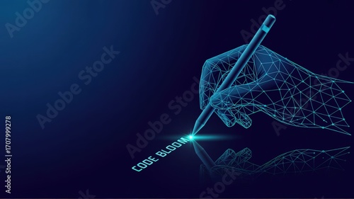 Digital Hand with Pen: A digital artistic rendering, showcasing a hand holding a pen, poised to write against a vibrant backdrop, possibly for coding purposes.