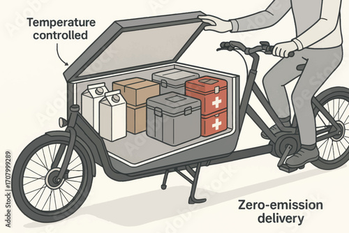 Vector diagram of electric bike with open cargo box showing medical and perishable goods inside temperature-controlled delivery system.