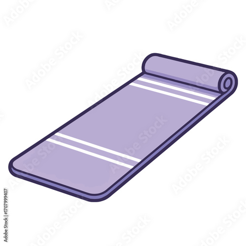 A cartoon illustration of a rolled purple yoga mat with white stripes, a piece of fitness and exercise equipment.